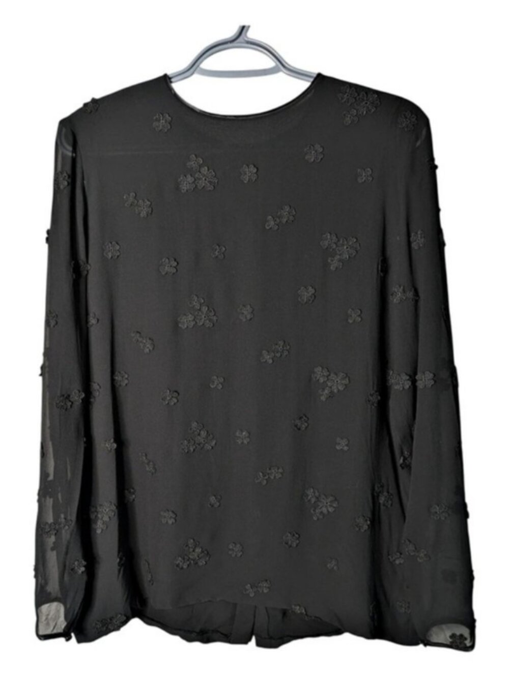 Akris Black 100% Silk Sheer Long Sleeve Blouse Tonal Floral Embroidery Sz Large